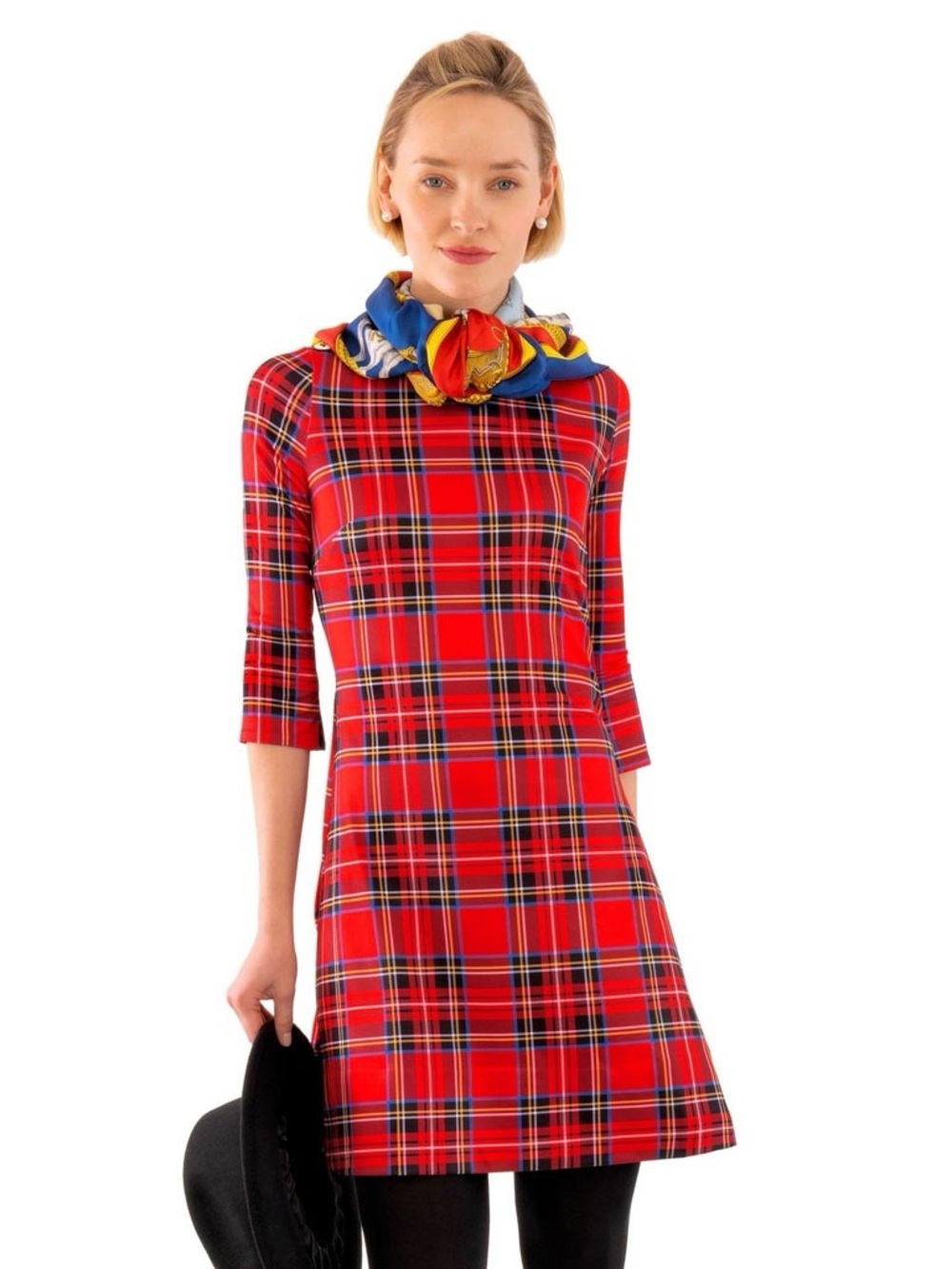 Vintage Christmas Red Tartan Plaid 3/4 Sleeve A-Line Shift Dress Sz M